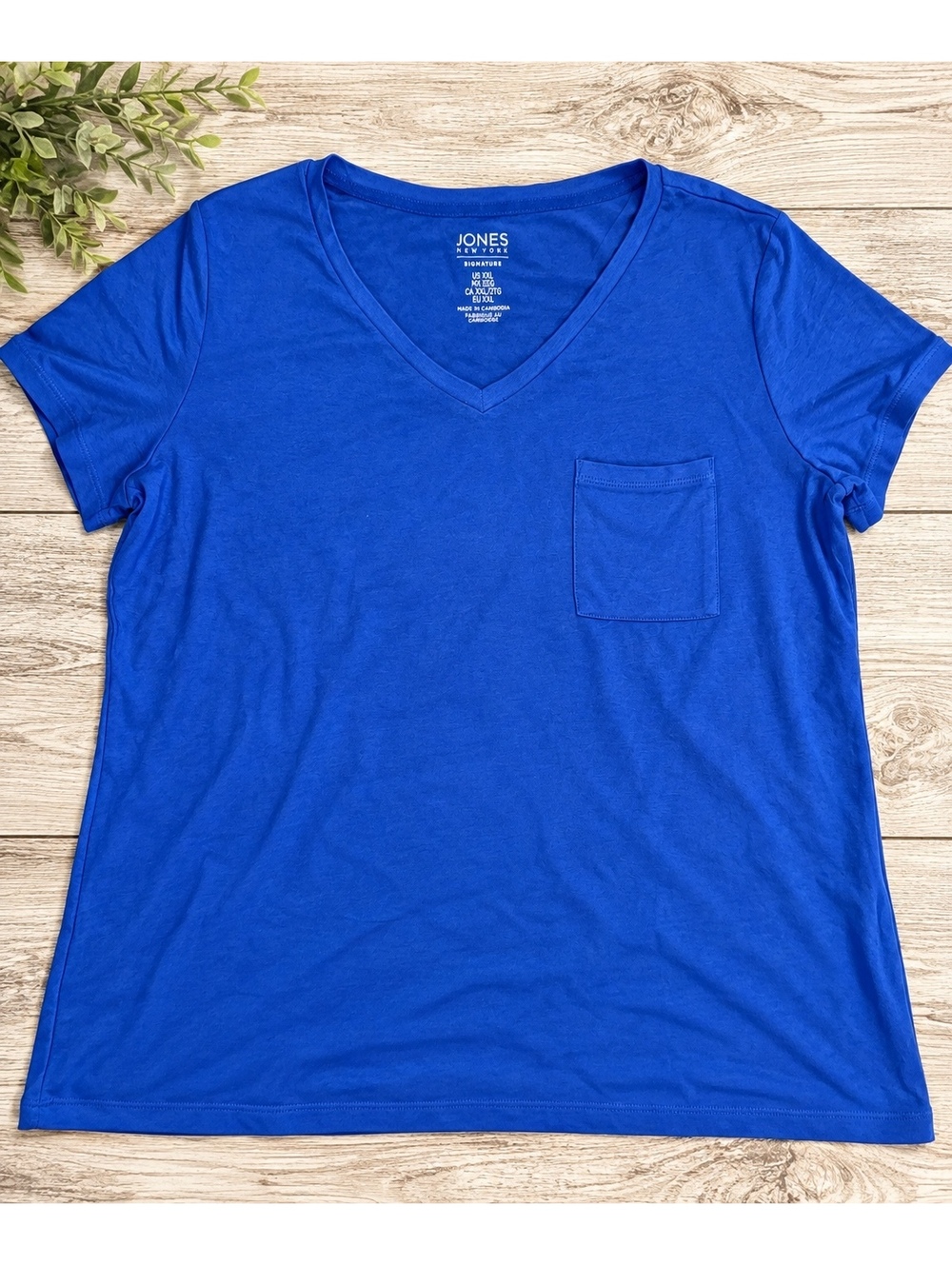 Jones New York Signature XXL Blue V Neck Pocket T Shirt Short Sleeve Basic Tee